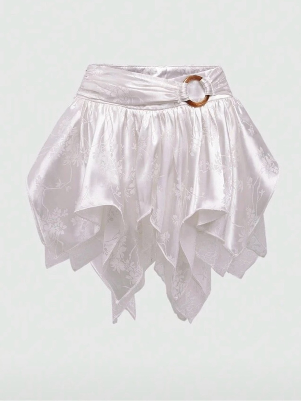 ROMWE White Satin Asymmetrical Handkerchief Hem Skirt with Ring Accent
